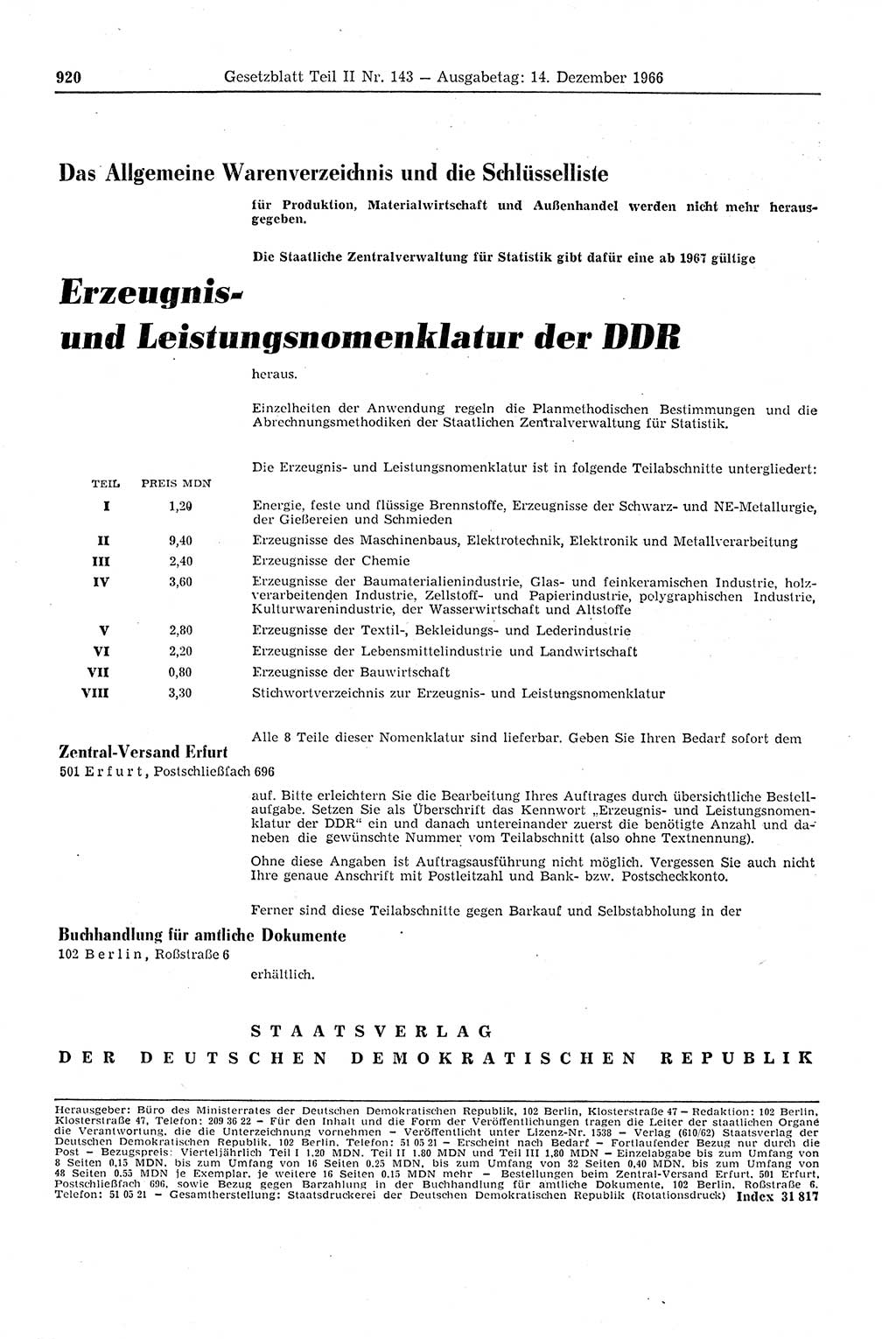 Gesetzblatt (GBl.) der Deutschen Demokratischen Republik (DDR) Teil ⅠⅠ 1966, Seite 920 (GBl. DDR ⅠⅠ 1966, S. 920)