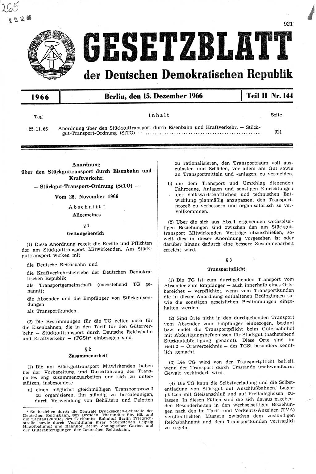 Gesetzblatt (GBl.) der Deutschen Demokratischen Republik (DDR) Teil ⅠⅠ 1966, Seite 921 (GBl. DDR ⅠⅠ 1966, S. 921)
