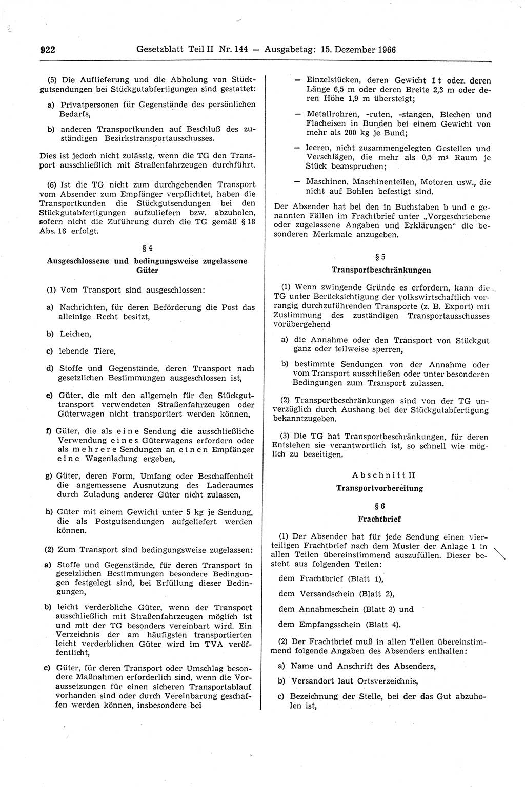 Gesetzblatt (GBl.) der Deutschen Demokratischen Republik (DDR) Teil ⅠⅠ 1966, Seite 922 (GBl. DDR ⅠⅠ 1966, S. 922)