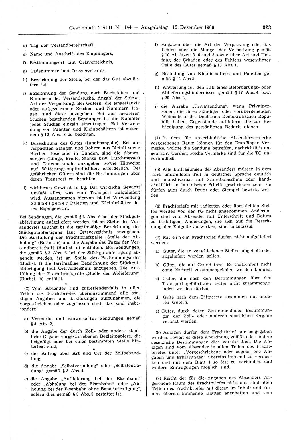 Gesetzblatt (GBl.) der Deutschen Demokratischen Republik (DDR) Teil ⅠⅠ 1966, Seite 923 (GBl. DDR ⅠⅠ 1966, S. 923)