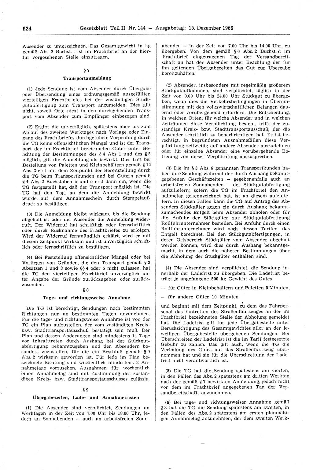 Gesetzblatt (GBl.) der Deutschen Demokratischen Republik (DDR) Teil ⅠⅠ 1966, Seite 924 (GBl. DDR ⅠⅠ 1966, S. 924)