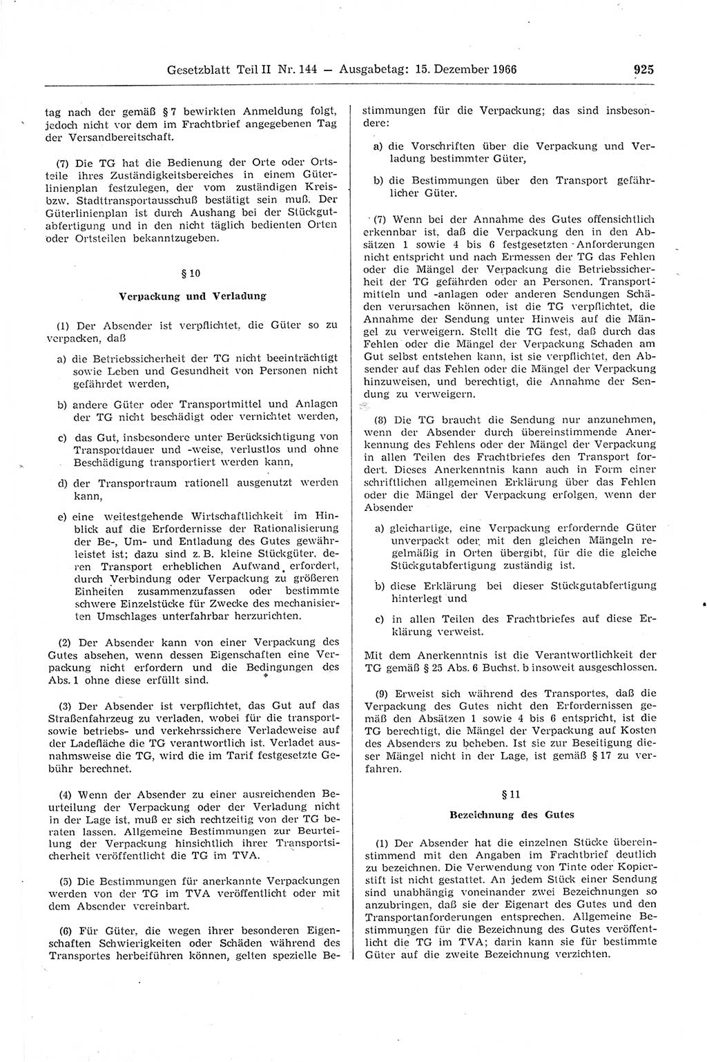 Gesetzblatt (GBl.) der Deutschen Demokratischen Republik (DDR) Teil ⅠⅠ 1966, Seite 925 (GBl. DDR ⅠⅠ 1966, S. 925)