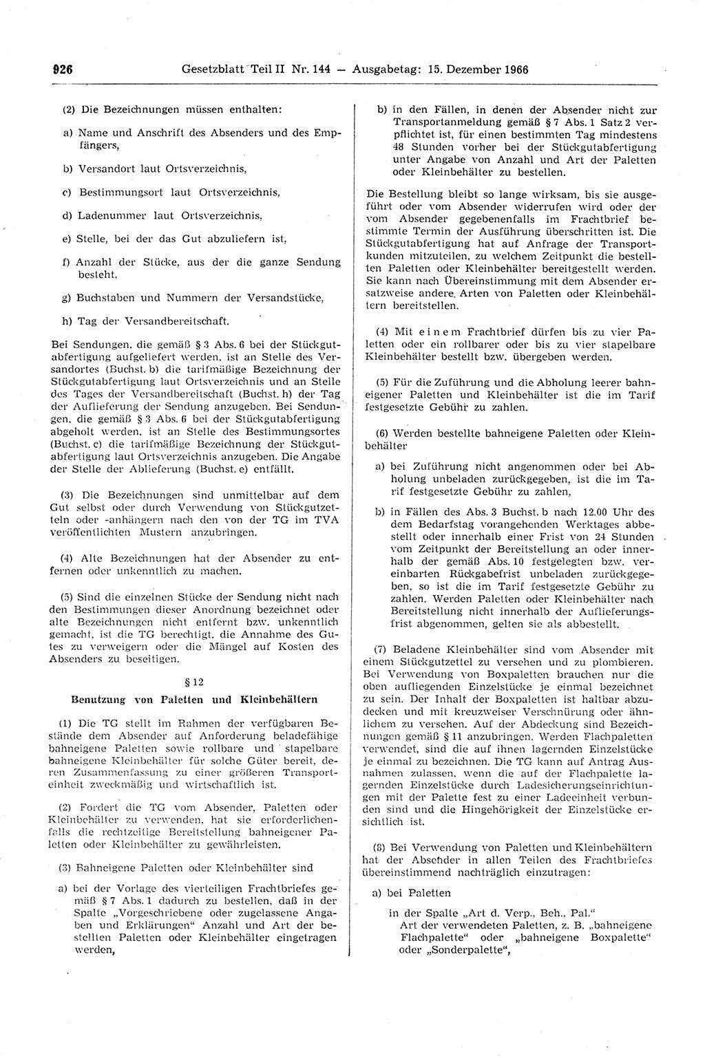 Gesetzblatt (GBl.) der Deutschen Demokratischen Republik (DDR) Teil ⅠⅠ 1966, Seite 926 (GBl. DDR ⅠⅠ 1966, S. 926)