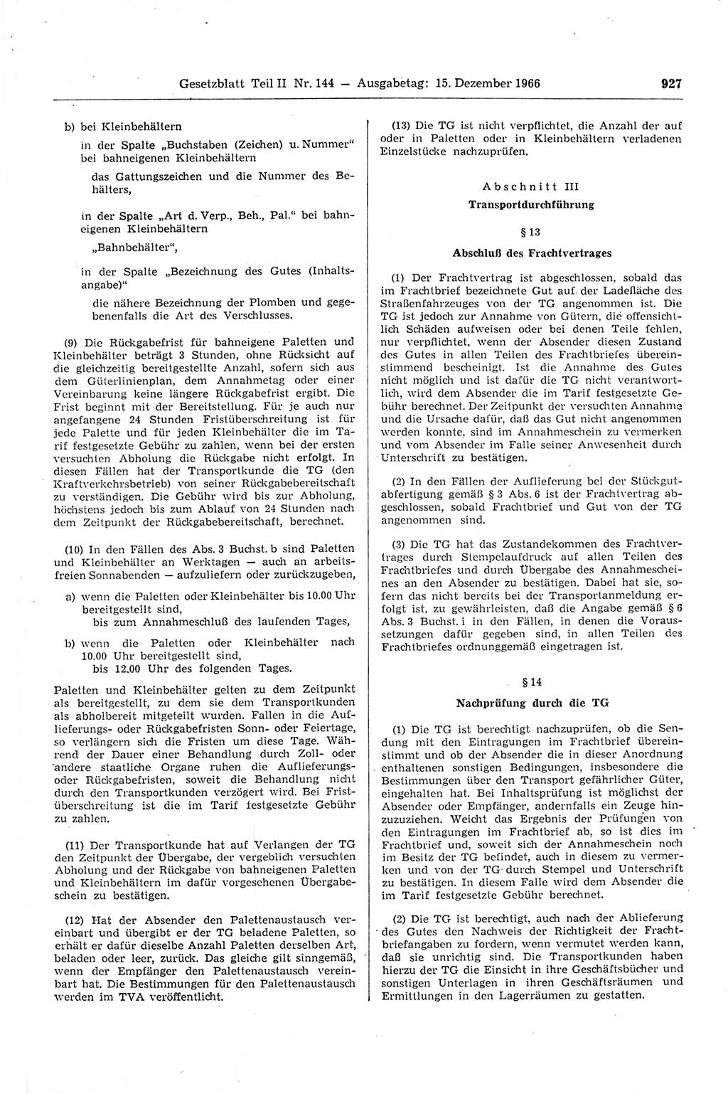 Gesetzblatt (GBl.) der Deutschen Demokratischen Republik (DDR) Teil ⅠⅠ 1966, Seite 927 (GBl. DDR ⅠⅠ 1966, S. 927)