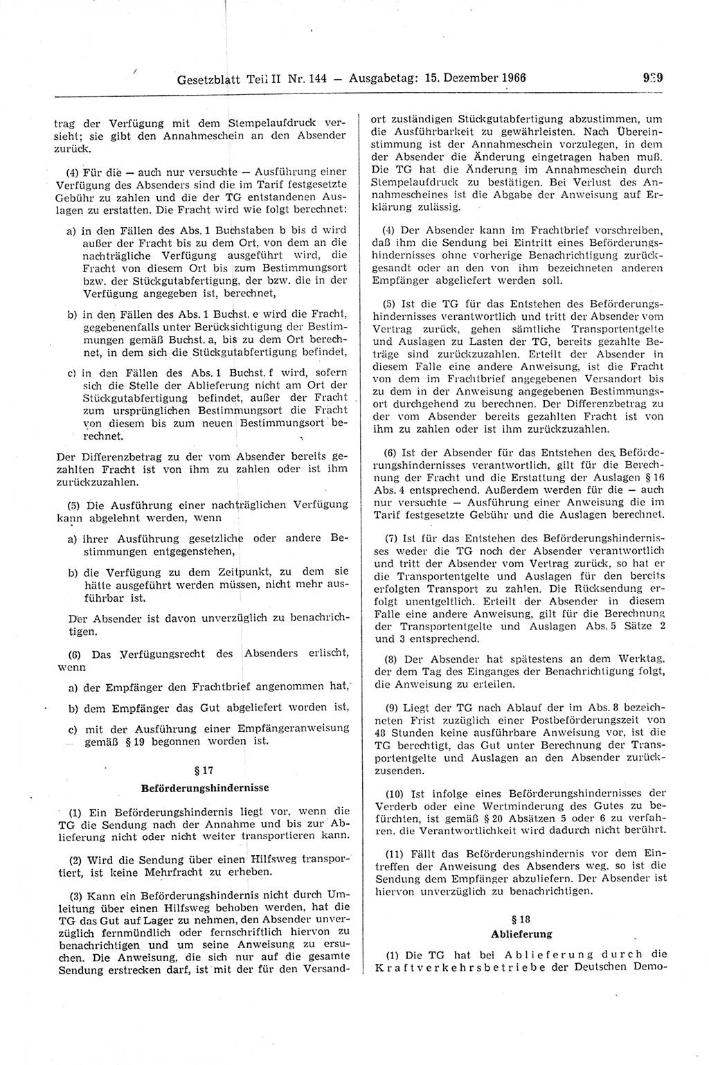 Gesetzblatt (GBl.) der Deutschen Demokratischen Republik (DDR) Teil ⅠⅠ 1966, Seite 929 (GBl. DDR ⅠⅠ 1966, S. 929)