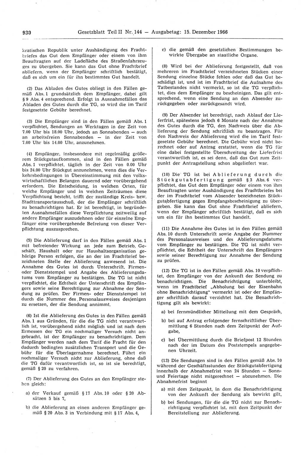 Gesetzblatt (GBl.) der Deutschen Demokratischen Republik (DDR) Teil ⅠⅠ 1966, Seite 930 (GBl. DDR ⅠⅠ 1966, S. 930)