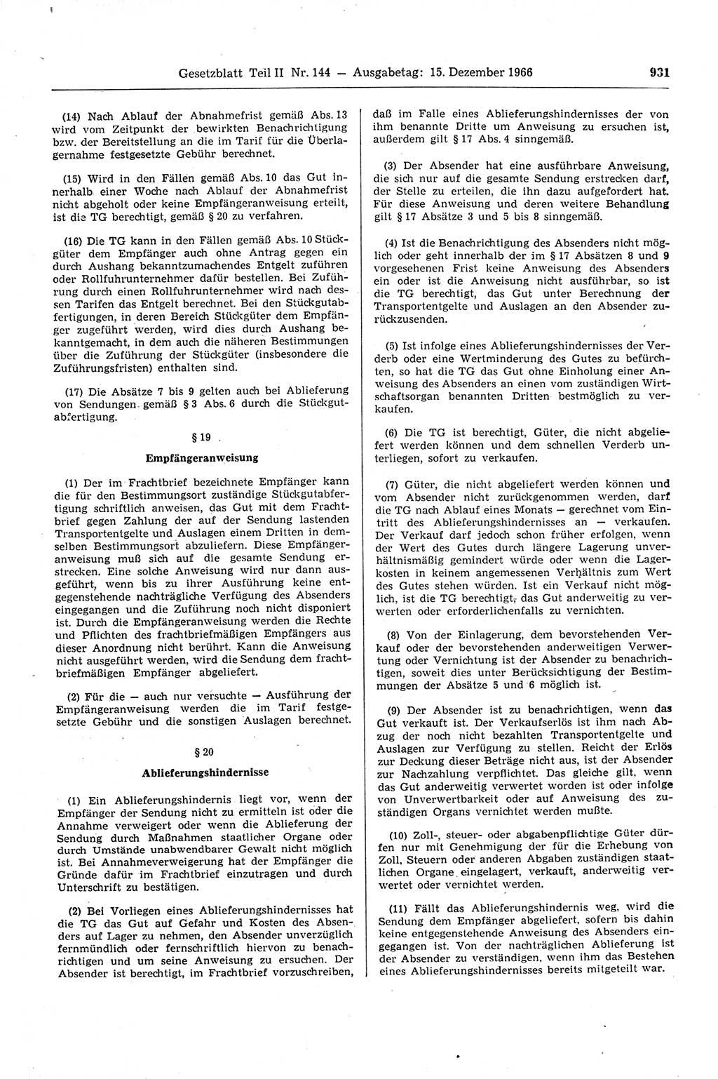 Gesetzblatt (GBl.) der Deutschen Demokratischen Republik (DDR) Teil ⅠⅠ 1966, Seite 931 (GBl. DDR ⅠⅠ 1966, S. 931)
