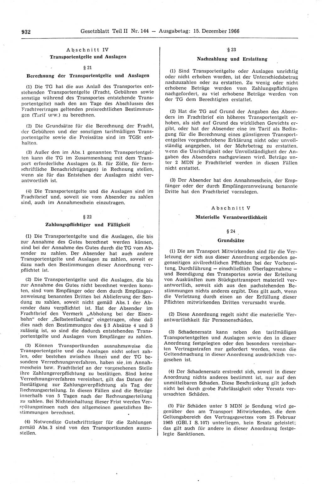 Gesetzblatt (GBl.) der Deutschen Demokratischen Republik (DDR) Teil ⅠⅠ 1966, Seite 932 (GBl. DDR ⅠⅠ 1966, S. 932)