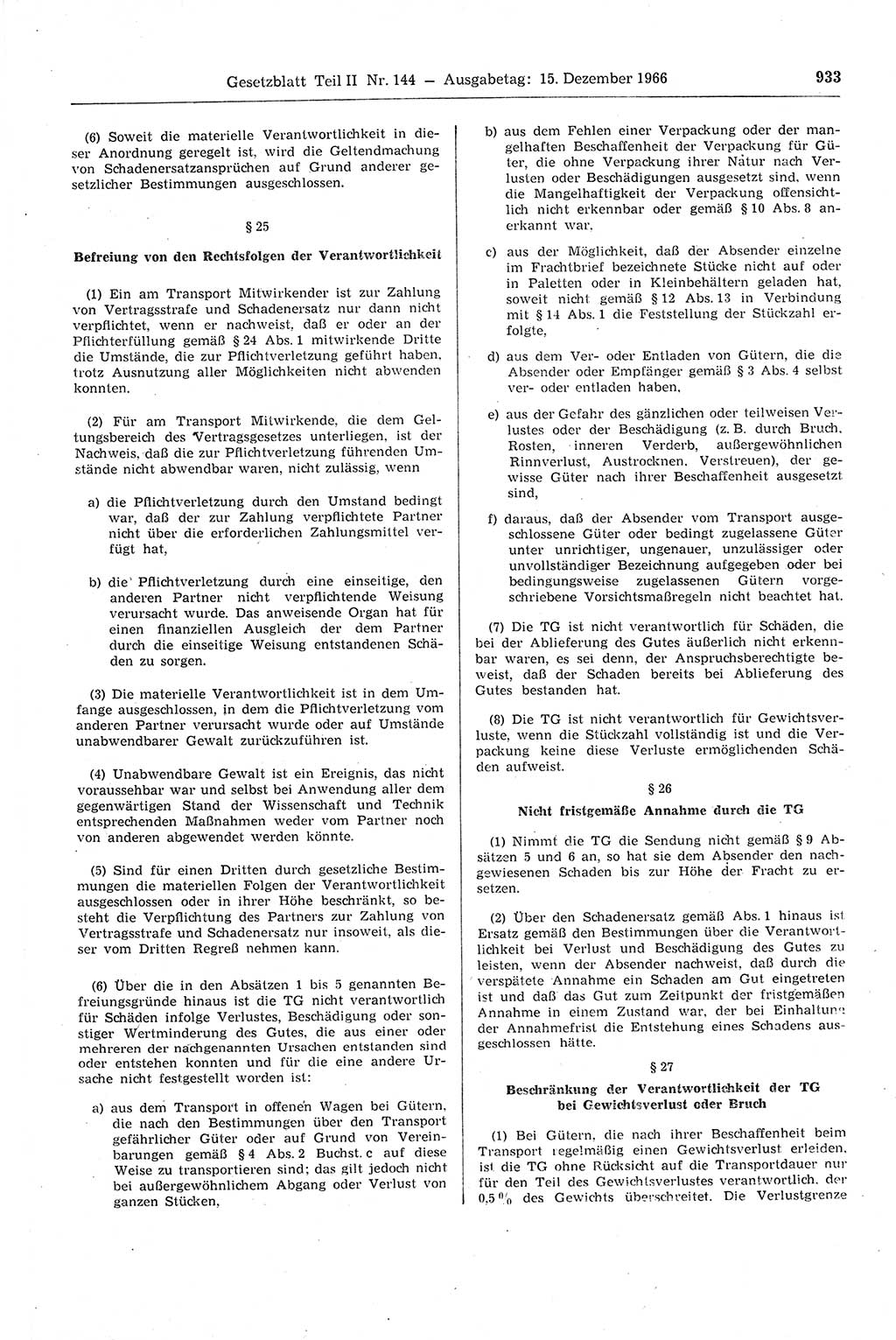 Gesetzblatt (GBl.) der Deutschen Demokratischen Republik (DDR) Teil ⅠⅠ 1966, Seite 933 (GBl. DDR ⅠⅠ 1966, S. 933)