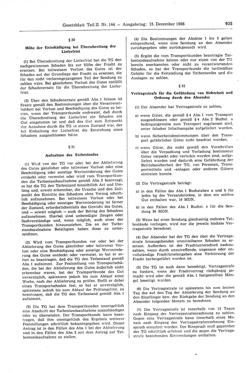 Gesetzblatt (GBl.) der Deutschen Demokratischen Republik (DDR) Teil ⅠⅠ 1966, Seite 935 (GBl. DDR ⅠⅠ 1966, S. 935)
