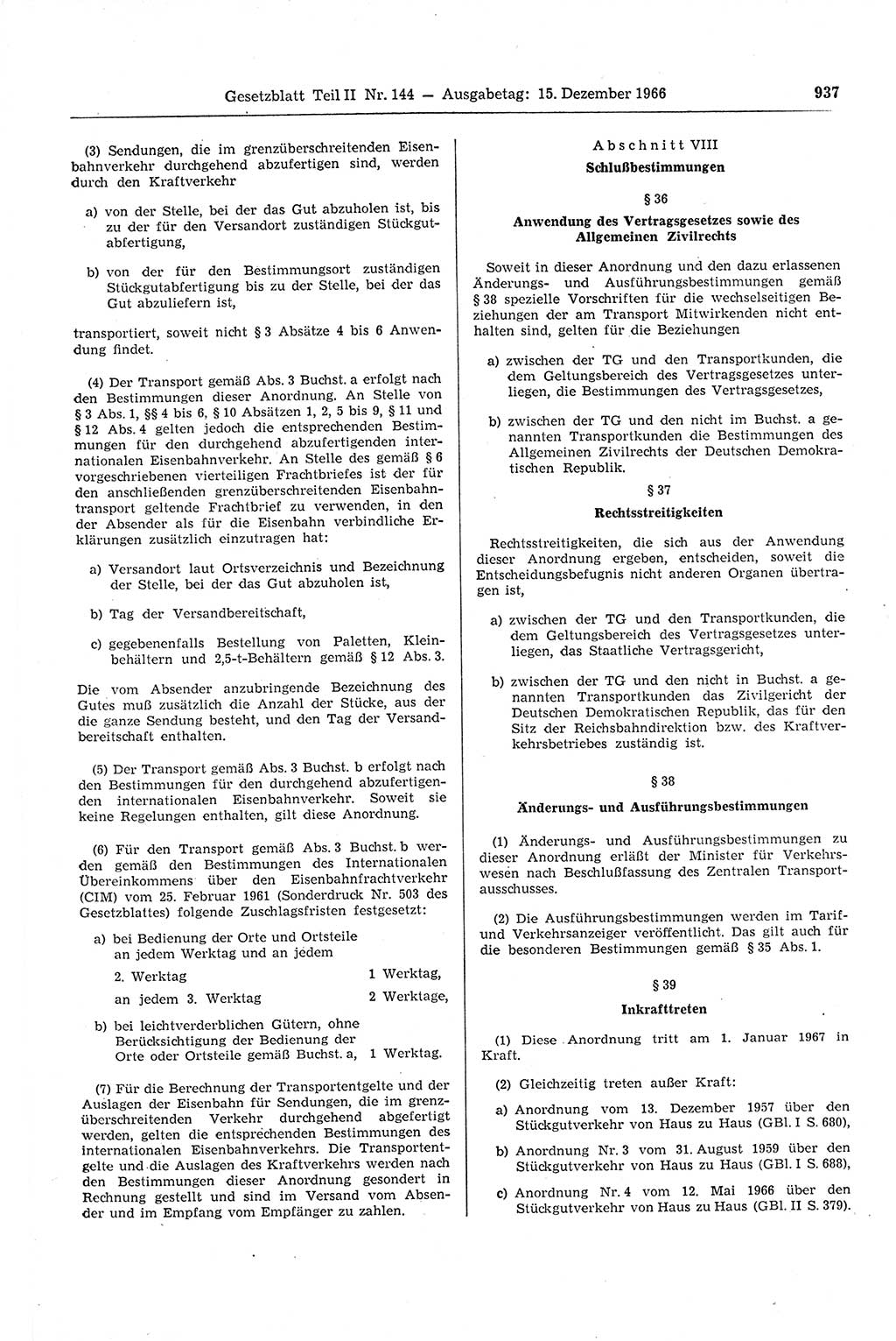 Gesetzblatt (GBl.) der Deutschen Demokratischen Republik (DDR) Teil ⅠⅠ 1966, Seite 937 (GBl. DDR ⅠⅠ 1966, S. 937)