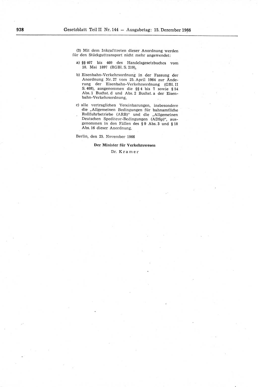 Gesetzblatt (GBl.) der Deutschen Demokratischen Republik (DDR) Teil ⅠⅠ 1966, Seite 938 (GBl. DDR ⅠⅠ 1966, S. 938)
