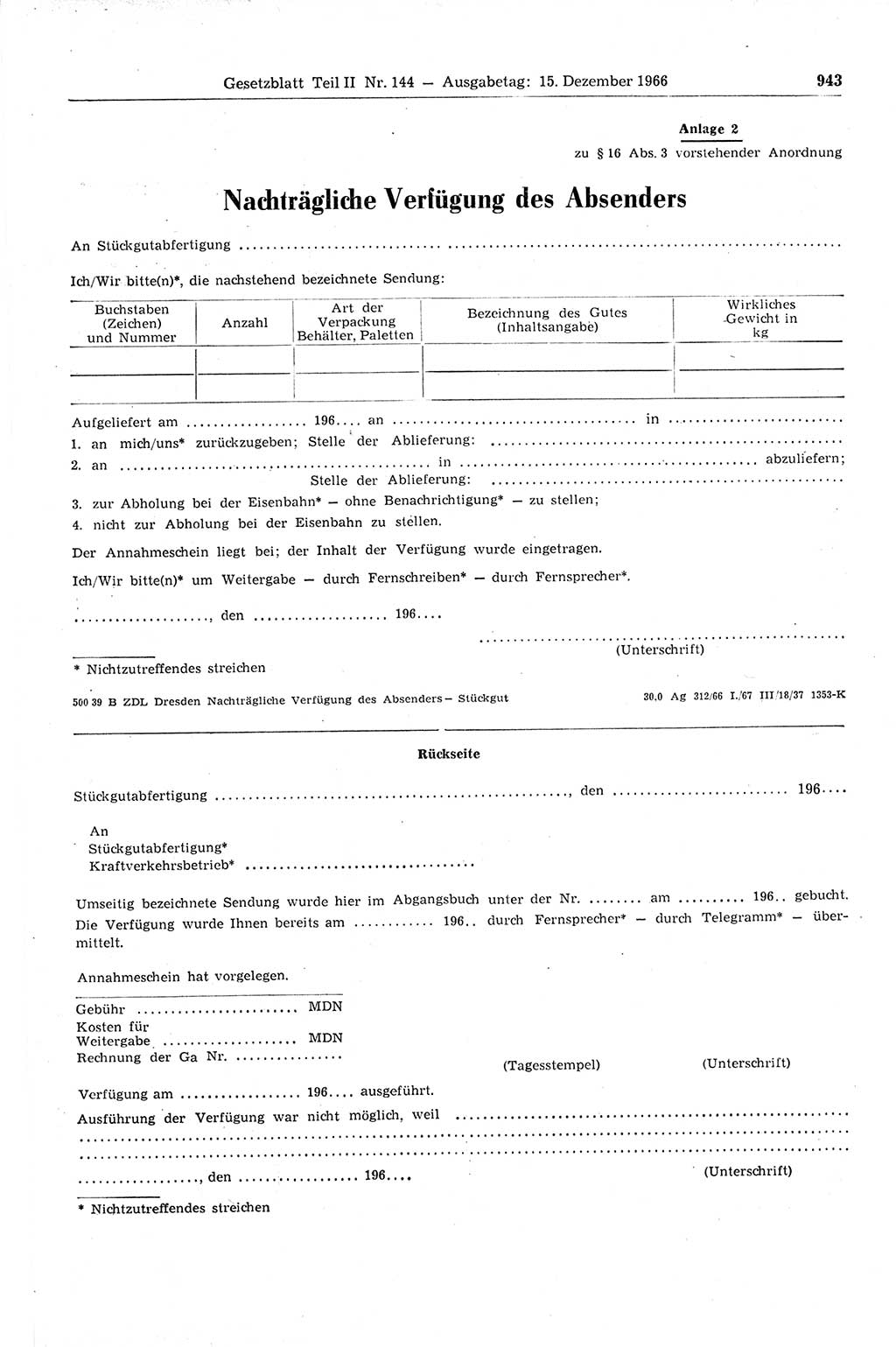 Gesetzblatt (GBl.) der Deutschen Demokratischen Republik (DDR) Teil ⅠⅠ 1966, Seite 943 (GBl. DDR ⅠⅠ 1966, S. 943)