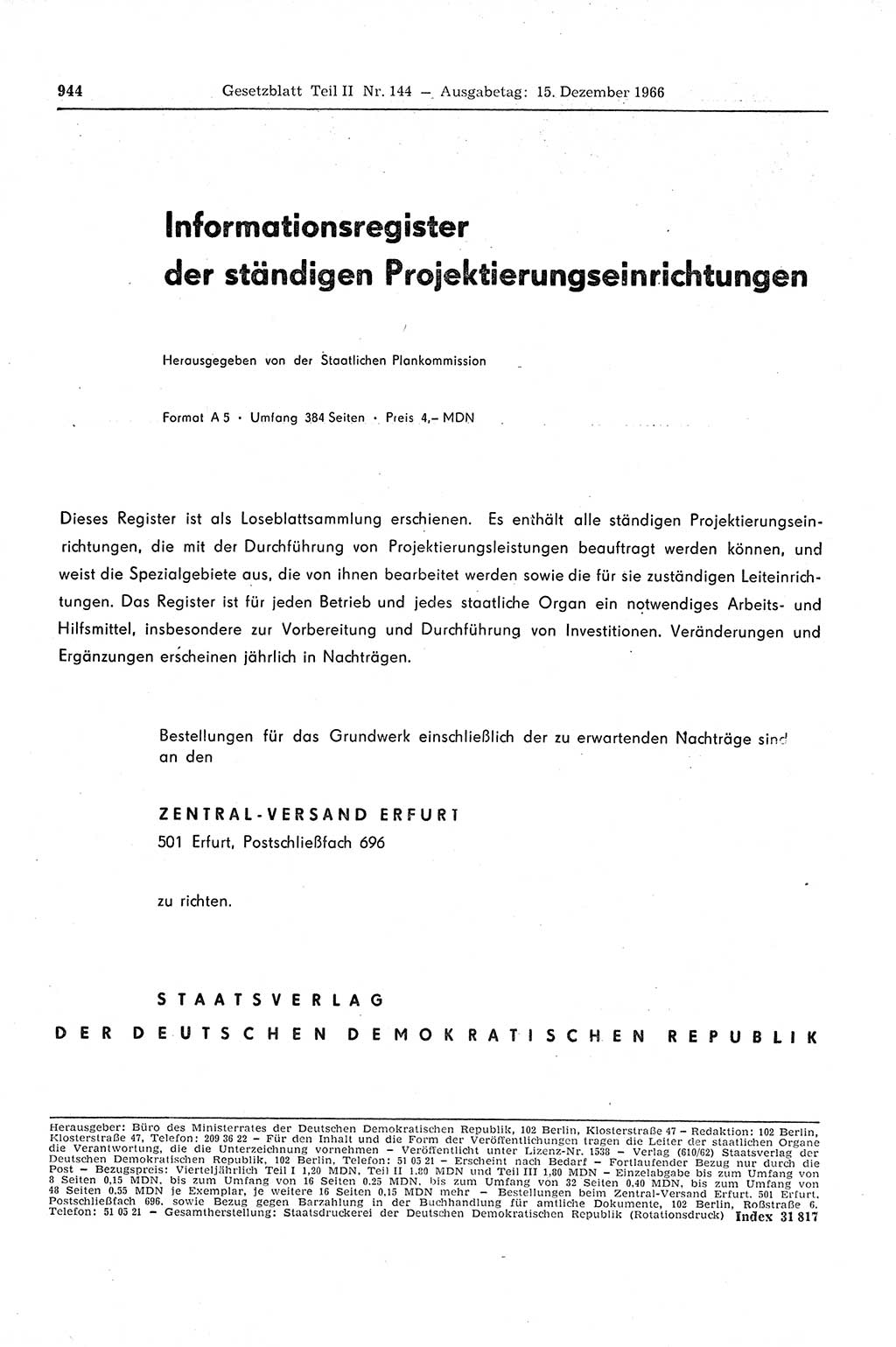 Gesetzblatt (GBl.) der Deutschen Demokratischen Republik (DDR) Teil ⅠⅠ 1966, Seite 944 (GBl. DDR ⅠⅠ 1966, S. 944)