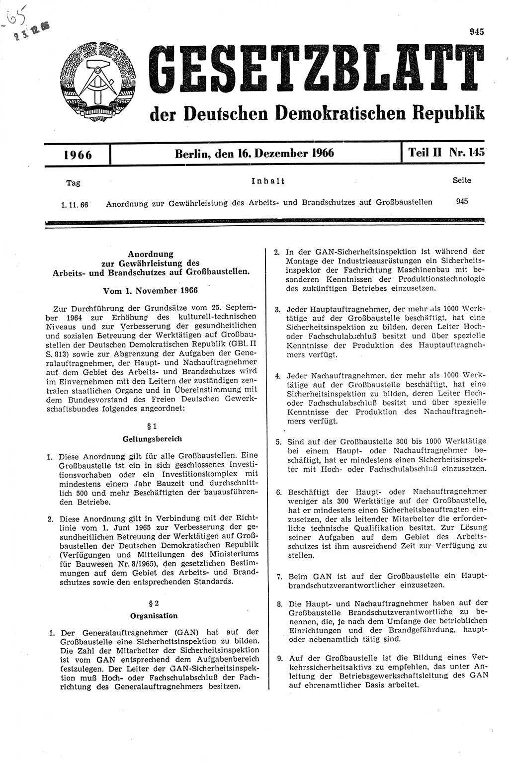 Gesetzblatt (GBl.) der Deutschen Demokratischen Republik (DDR) Teil ⅠⅠ 1966, Seite 945 (GBl. DDR ⅠⅠ 1966, S. 945)