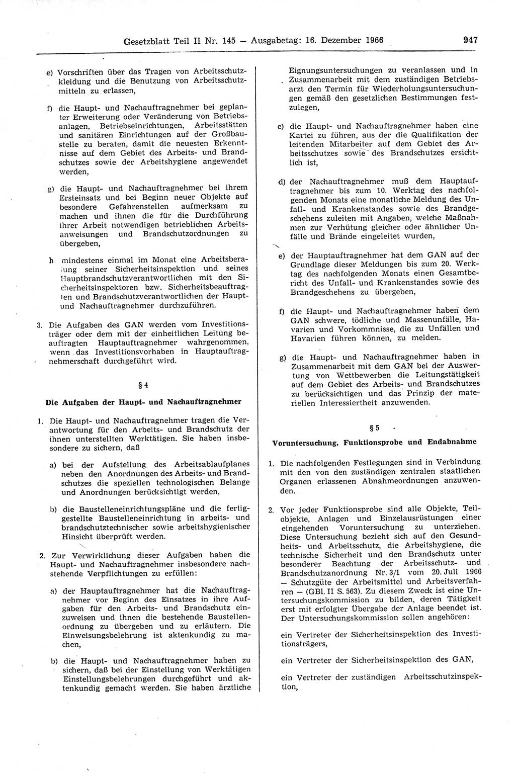Gesetzblatt (GBl.) der Deutschen Demokratischen Republik (DDR) Teil ⅠⅠ 1966, Seite 947 (GBl. DDR ⅠⅠ 1966, S. 947)