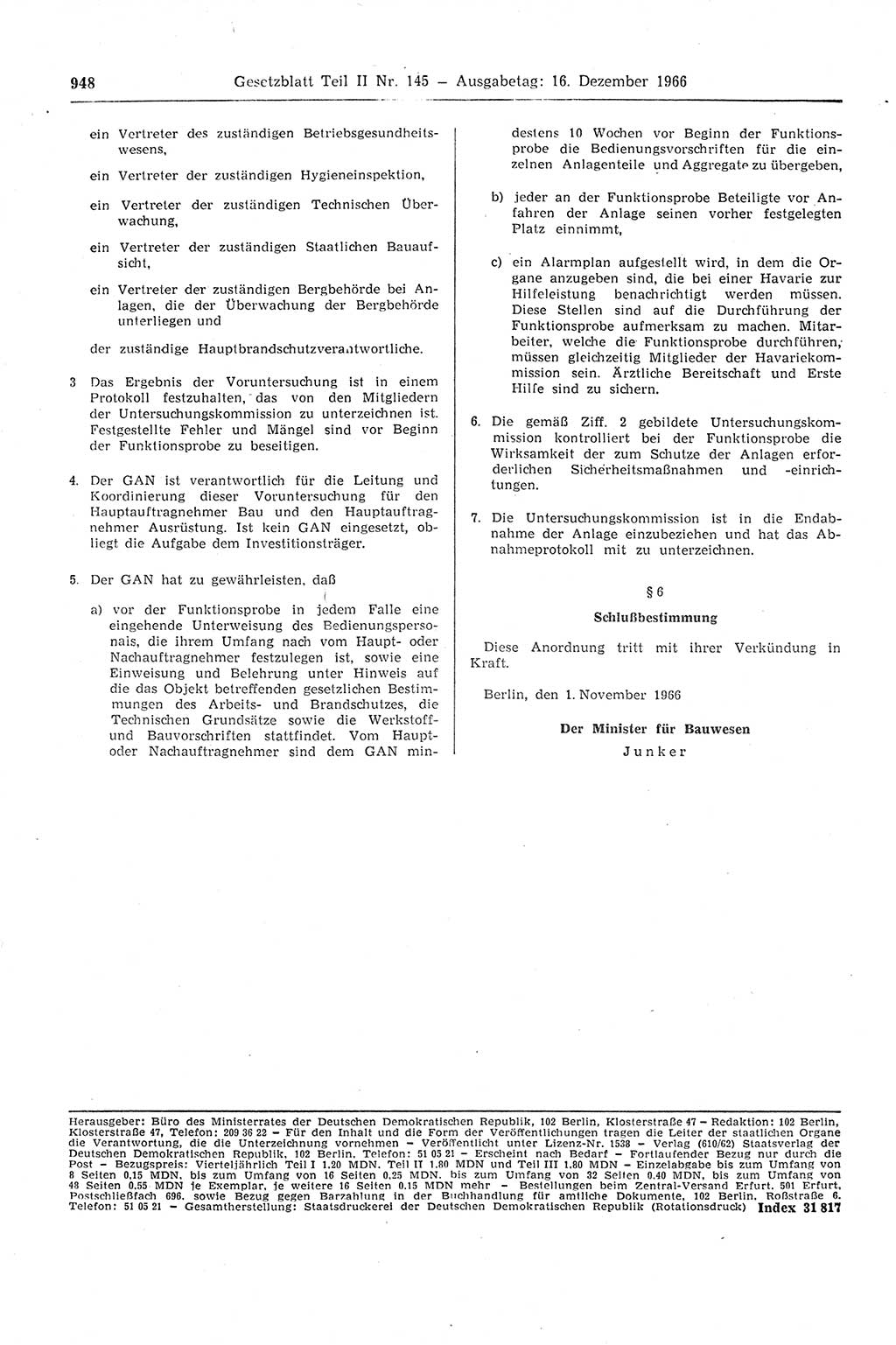 Gesetzblatt (GBl.) der Deutschen Demokratischen Republik (DDR) Teil ⅠⅠ 1966, Seite 948 (GBl. DDR ⅠⅠ 1966, S. 948)
