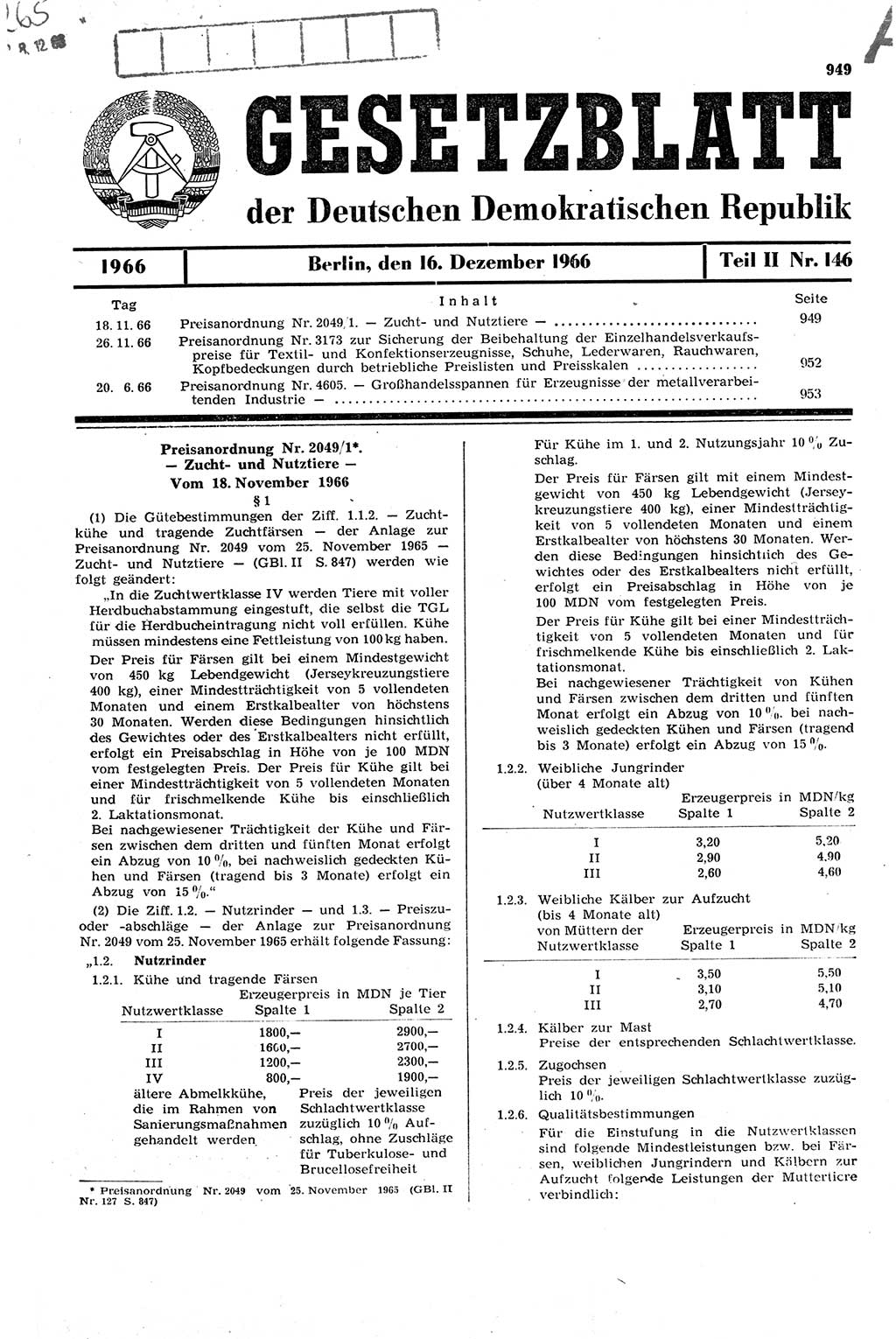 Gesetzblatt (GBl.) der Deutschen Demokratischen Republik (DDR) Teil ⅠⅠ 1966, Seite 949 (GBl. DDR ⅠⅠ 1966, S. 949)