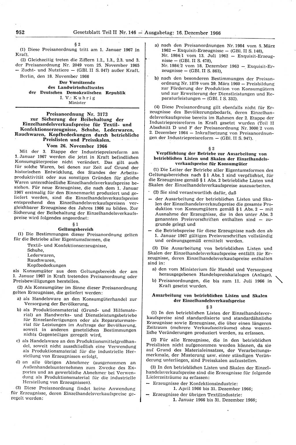 Gesetzblatt (GBl.) der Deutschen Demokratischen Republik (DDR) Teil ⅠⅠ 1966, Seite 952 (GBl. DDR ⅠⅠ 1966, S. 952)
