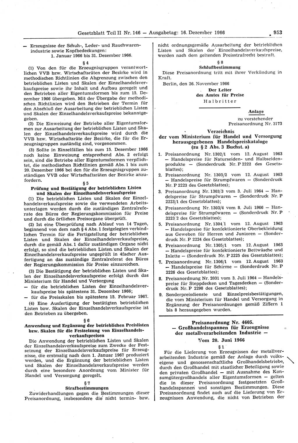 Gesetzblatt (GBl.) der Deutschen Demokratischen Republik (DDR) Teil ⅠⅠ 1966, Seite 953 (GBl. DDR ⅠⅠ 1966, S. 953)