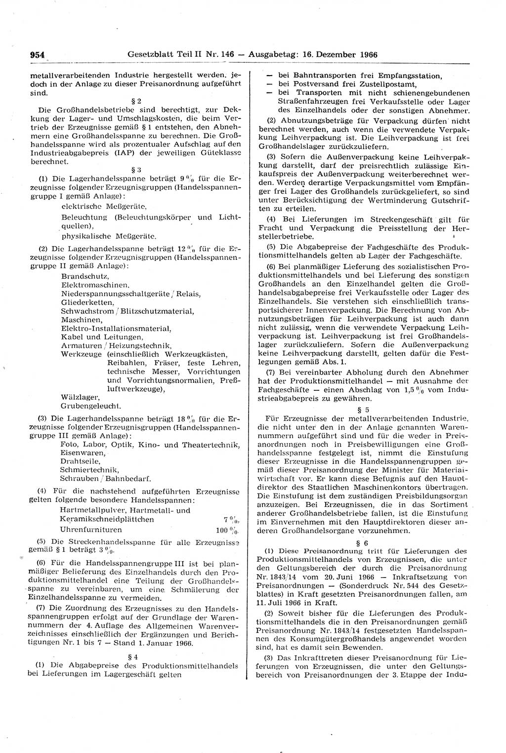 Gesetzblatt (GBl.) der Deutschen Demokratischen Republik (DDR) Teil ⅠⅠ 1966, Seite 954 (GBl. DDR ⅠⅠ 1966, S. 954)