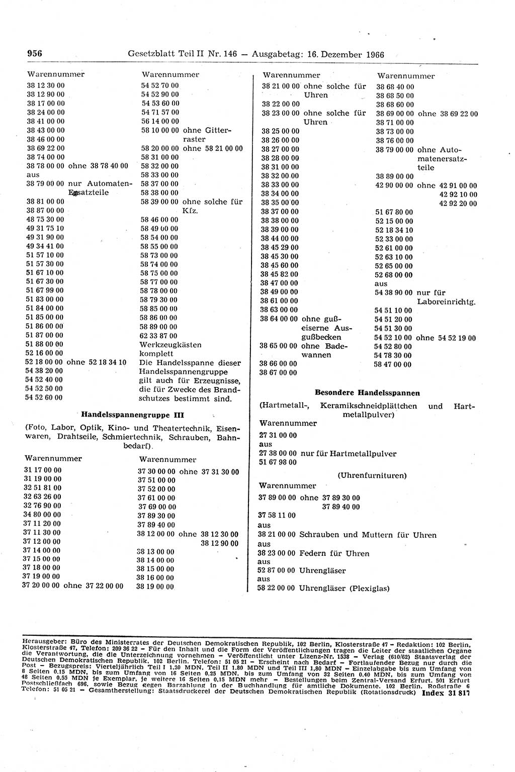 Gesetzblatt (GBl.) der Deutschen Demokratischen Republik (DDR) Teil ⅠⅠ 1966, Seite 956 (GBl. DDR ⅠⅠ 1966, S. 956)