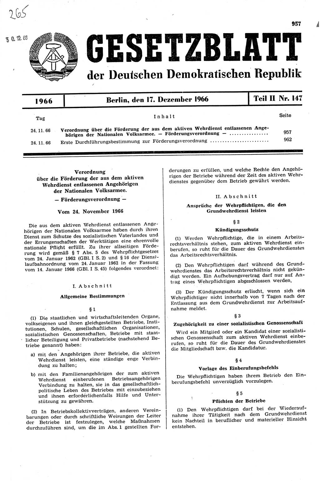 Gesetzblatt (GBl.) der Deutschen Demokratischen Republik (DDR) Teil ⅠⅠ 1966, Seite 957 (GBl. DDR ⅠⅠ 1966, S. 957)