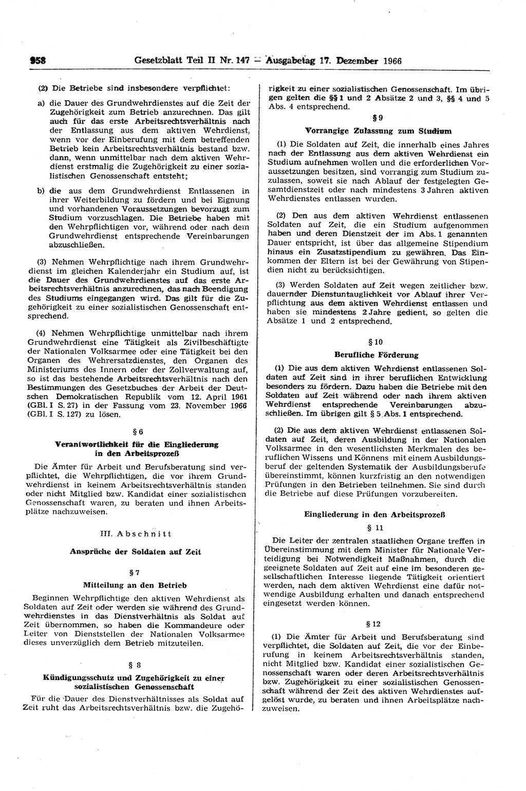 Gesetzblatt (GBl.) der Deutschen Demokratischen Republik (DDR) Teil ⅠⅠ 1966, Seite 958 (GBl. DDR ⅠⅠ 1966, S. 958)