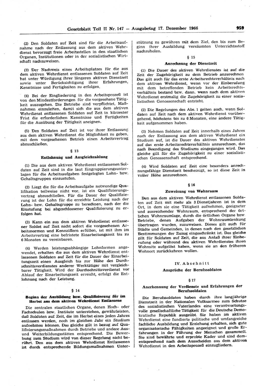 Gesetzblatt (GBl.) der Deutschen Demokratischen Republik (DDR) Teil ⅠⅠ 1966, Seite 959 (GBl. DDR ⅠⅠ 1966, S. 959)