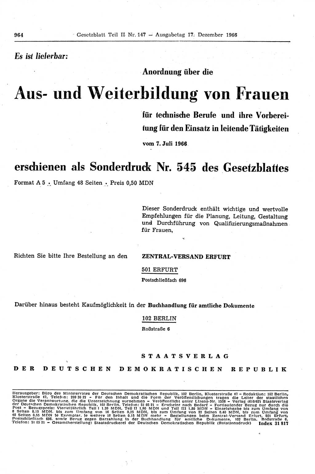 Gesetzblatt (GBl.) der Deutschen Demokratischen Republik (DDR) Teil ⅠⅠ 1966, Seite 964 (GBl. DDR ⅠⅠ 1966, S. 964)