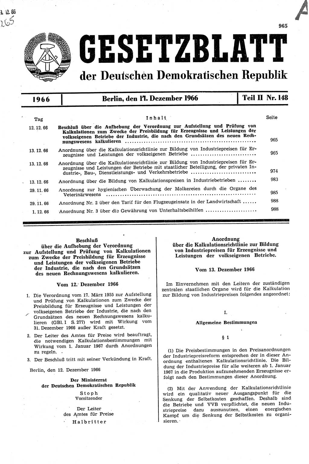 Gesetzblatt (GBl.) der Deutschen Demokratischen Republik (DDR) Teil ⅠⅠ 1966, Seite 965 (GBl. DDR ⅠⅠ 1966, S. 965)