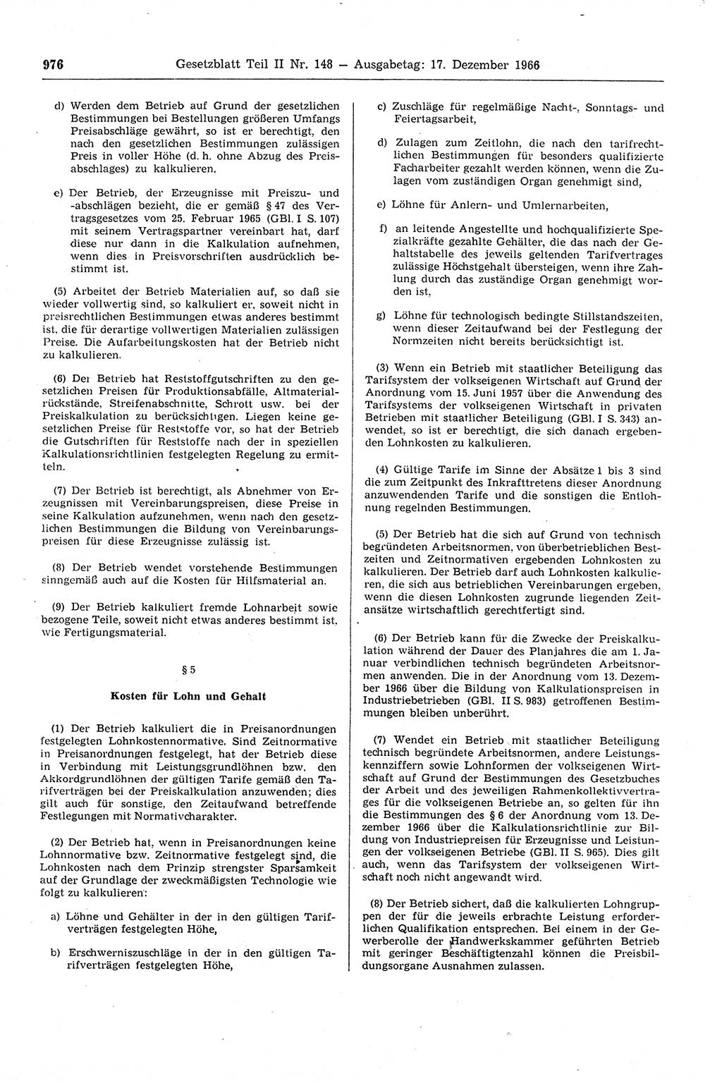 Gesetzblatt (GBl.) der Deutschen Demokratischen Republik (DDR) Teil ⅠⅠ 1966, Seite 976 (GBl. DDR ⅠⅠ 1966, S. 976)