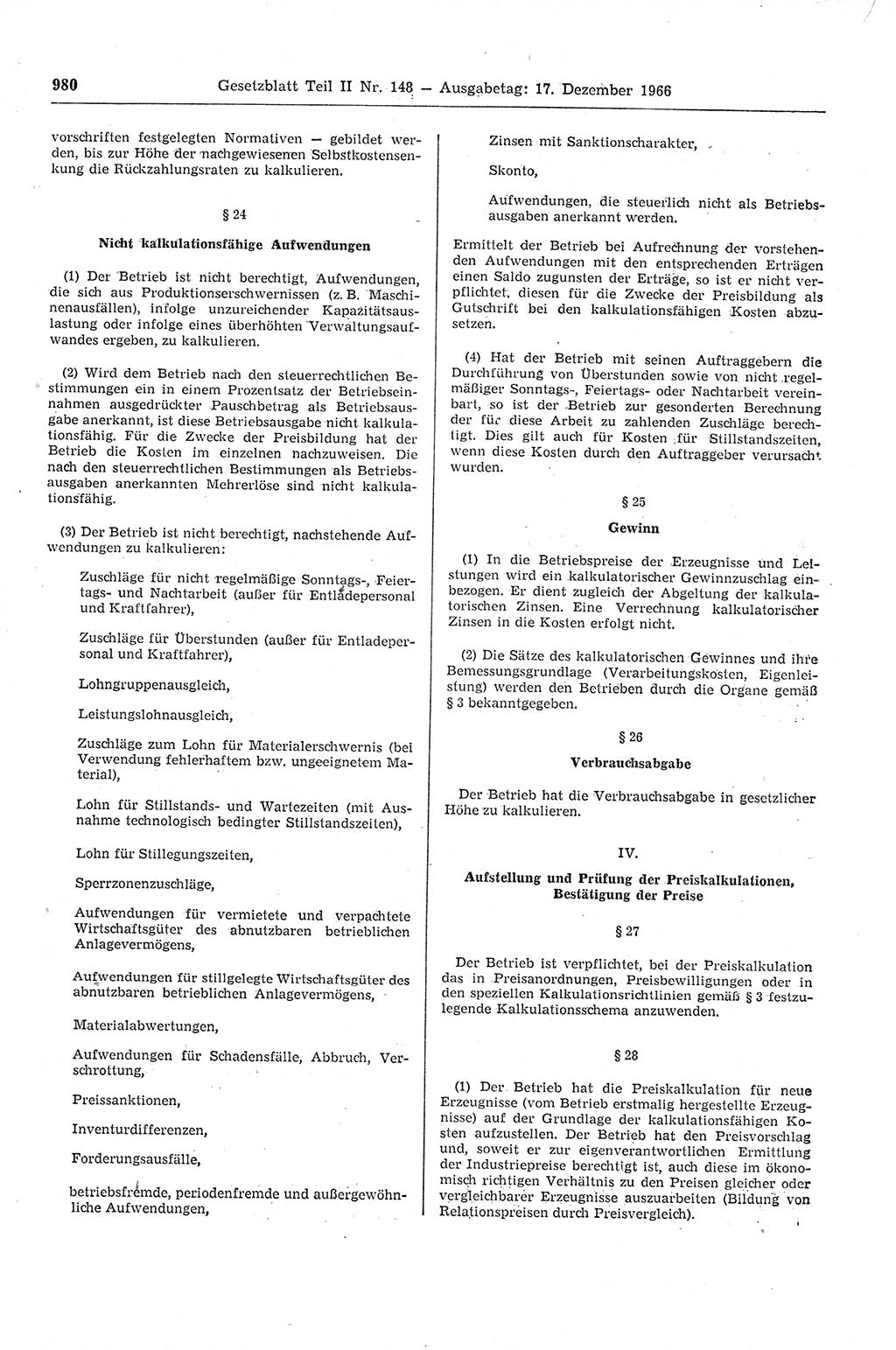 Gesetzblatt (GBl.) der Deutschen Demokratischen Republik (DDR) Teil ⅠⅠ 1966, Seite 980 (GBl. DDR ⅠⅠ 1966, S. 980)