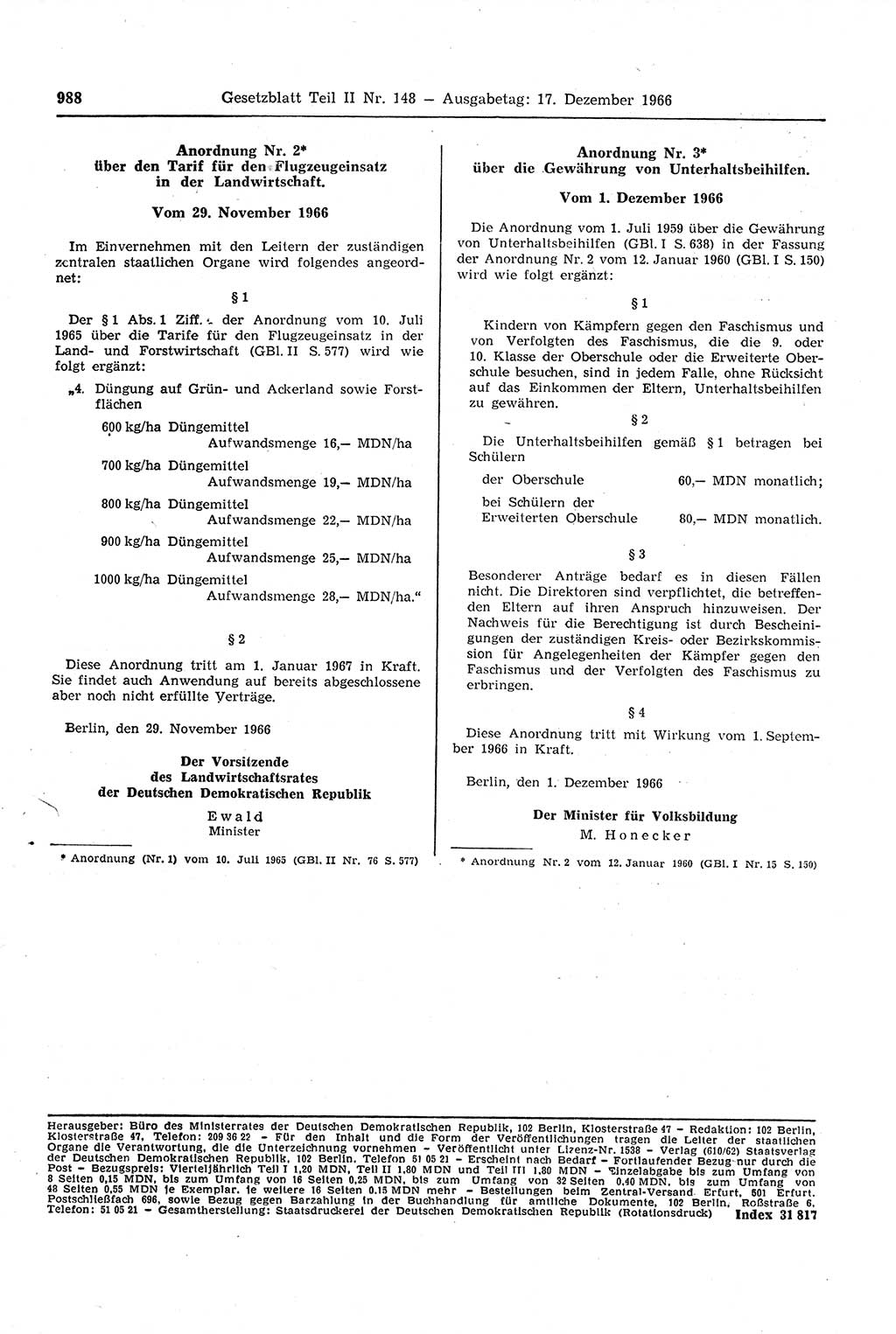 Gesetzblatt (GBl.) der Deutschen Demokratischen Republik (DDR) Teil ⅠⅠ 1966, Seite 988 (GBl. DDR ⅠⅠ 1966, S. 988)