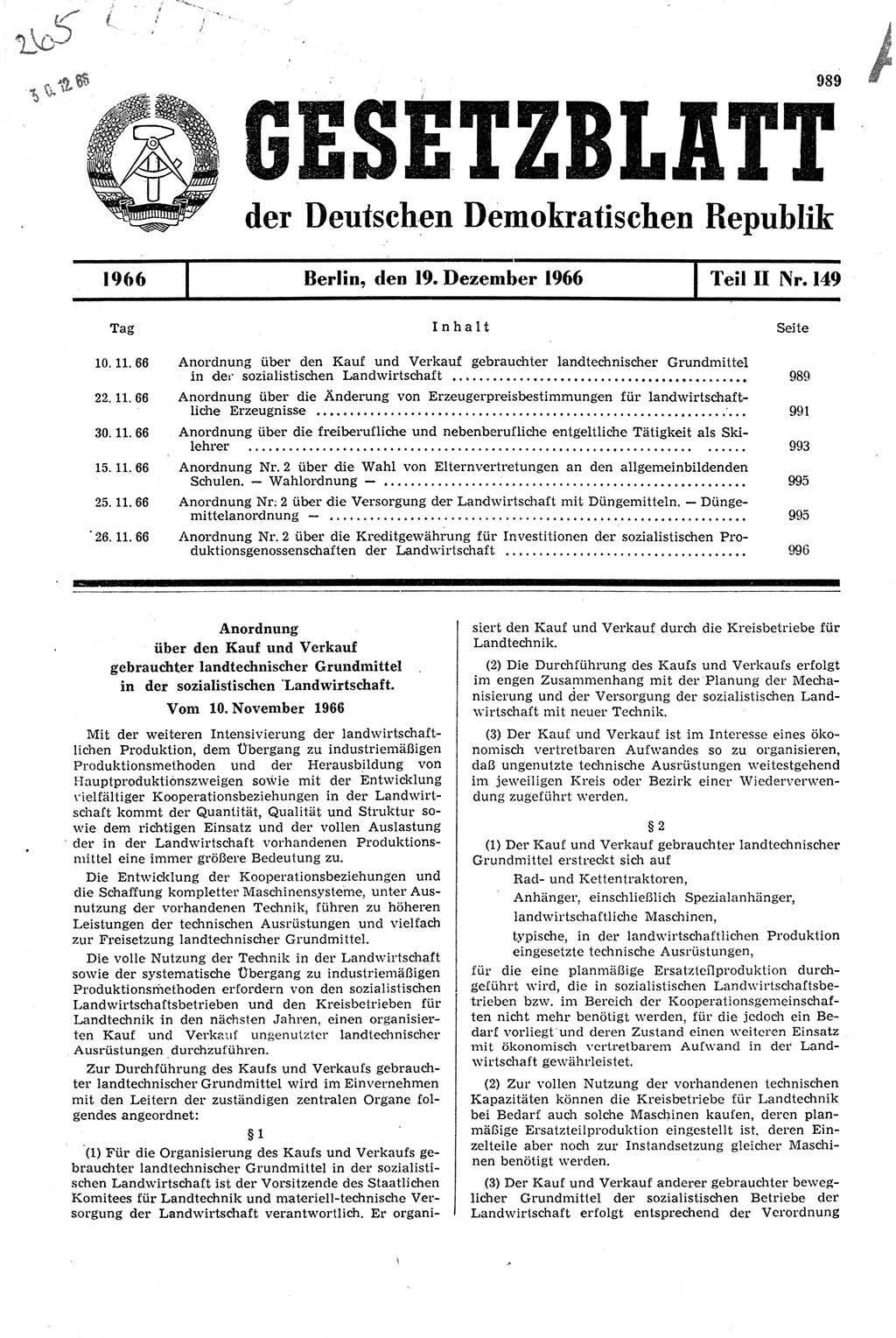 Gesetzblatt (GBl.) der Deutschen Demokratischen Republik (DDR) Teil ⅠⅠ 1966, Seite 989 (GBl. DDR ⅠⅠ 1966, S. 989)