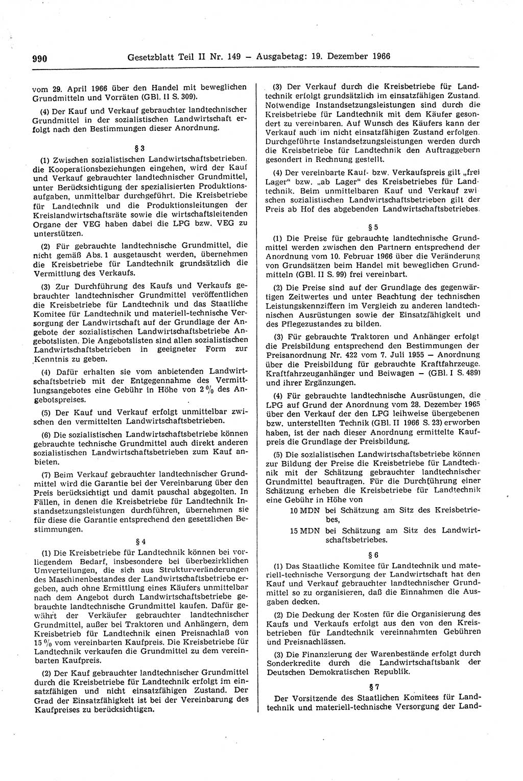 Gesetzblatt (GBl.) der Deutschen Demokratischen Republik (DDR) Teil ⅠⅠ 1966, Seite 990 (GBl. DDR ⅠⅠ 1966, S. 990)