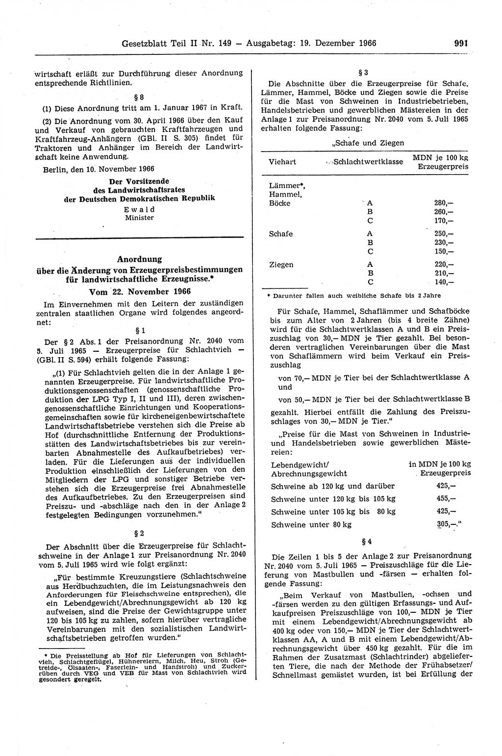Gesetzblatt (GBl.) der Deutschen Demokratischen Republik (DDR) Teil ⅠⅠ 1966, Seite 991 (GBl. DDR ⅠⅠ 1966, S. 991)