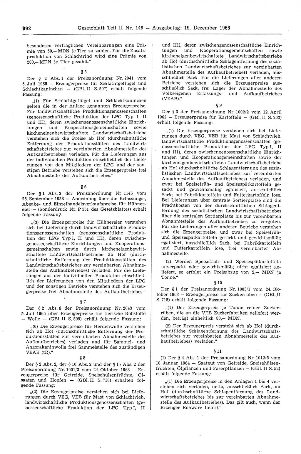 Gesetzblatt (GBl.) der Deutschen Demokratischen Republik (DDR) Teil ⅠⅠ 1966, Seite 992 (GBl. DDR ⅠⅠ 1966, S. 992)