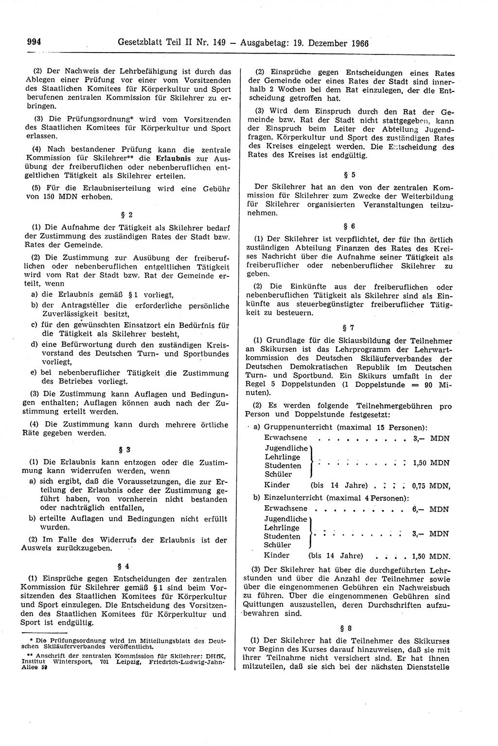 Gesetzblatt (GBl.) der Deutschen Demokratischen Republik (DDR) Teil ⅠⅠ 1966, Seite 994 (GBl. DDR ⅠⅠ 1966, S. 994)