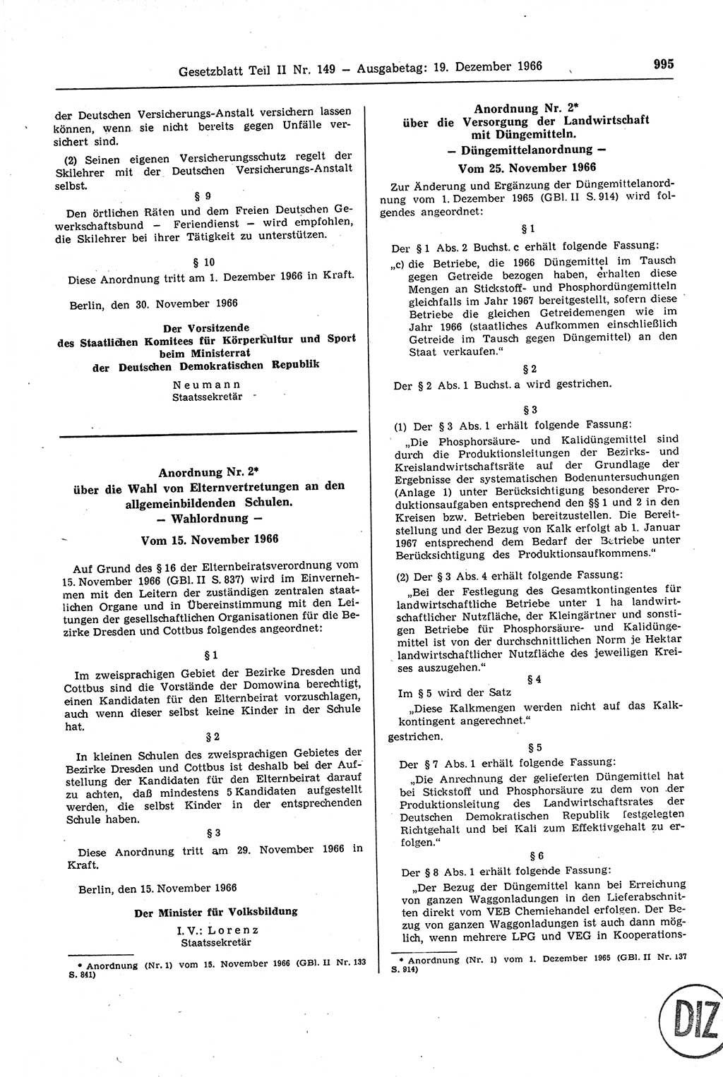 Gesetzblatt (GBl.) der Deutschen Demokratischen Republik (DDR) Teil ⅠⅠ 1966, Seite 995 (GBl. DDR ⅠⅠ 1966, S. 995)