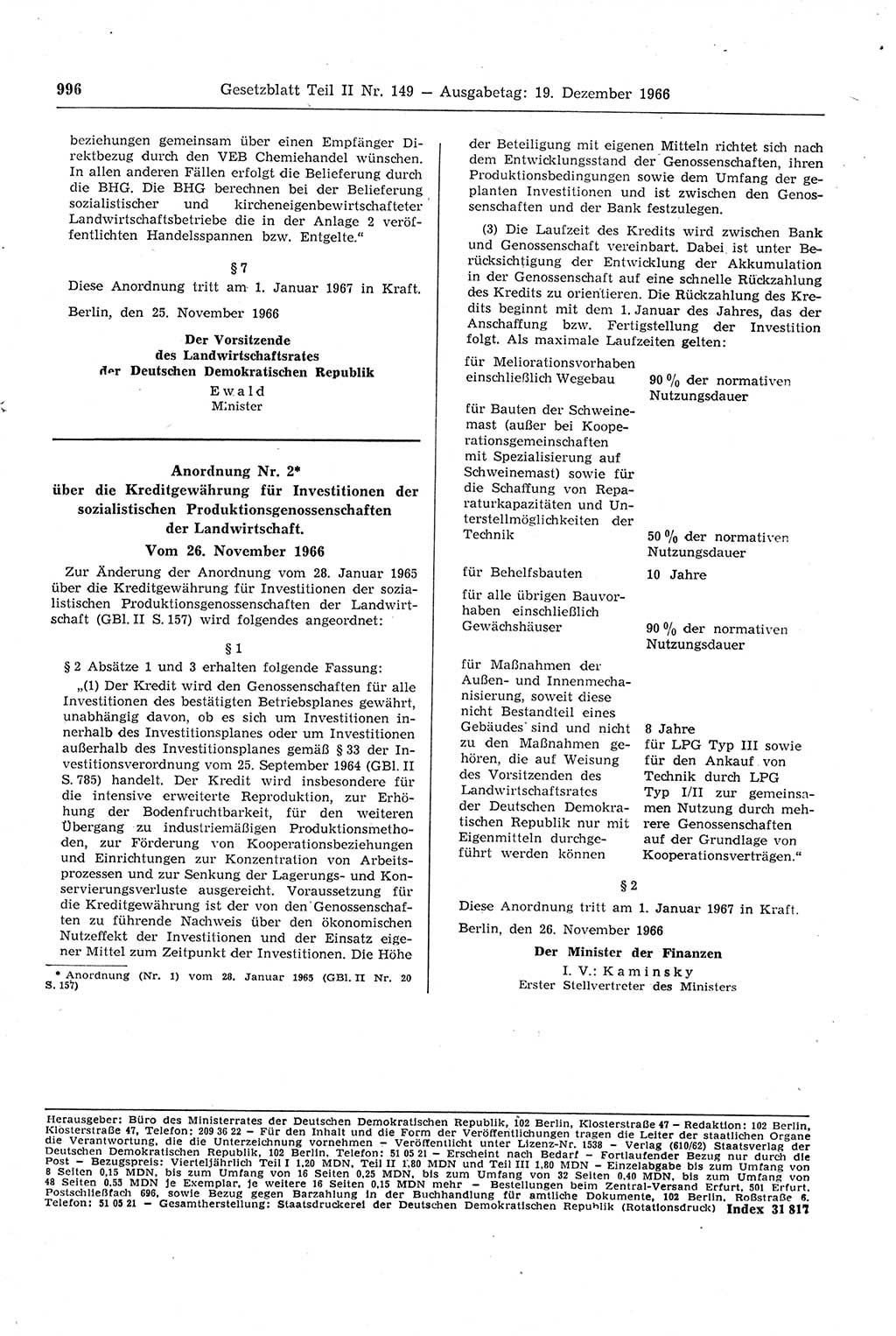 Gesetzblatt (GBl.) der Deutschen Demokratischen Republik (DDR) Teil ⅠⅠ 1966, Seite 996 (GBl. DDR ⅠⅠ 1966, S. 996)
