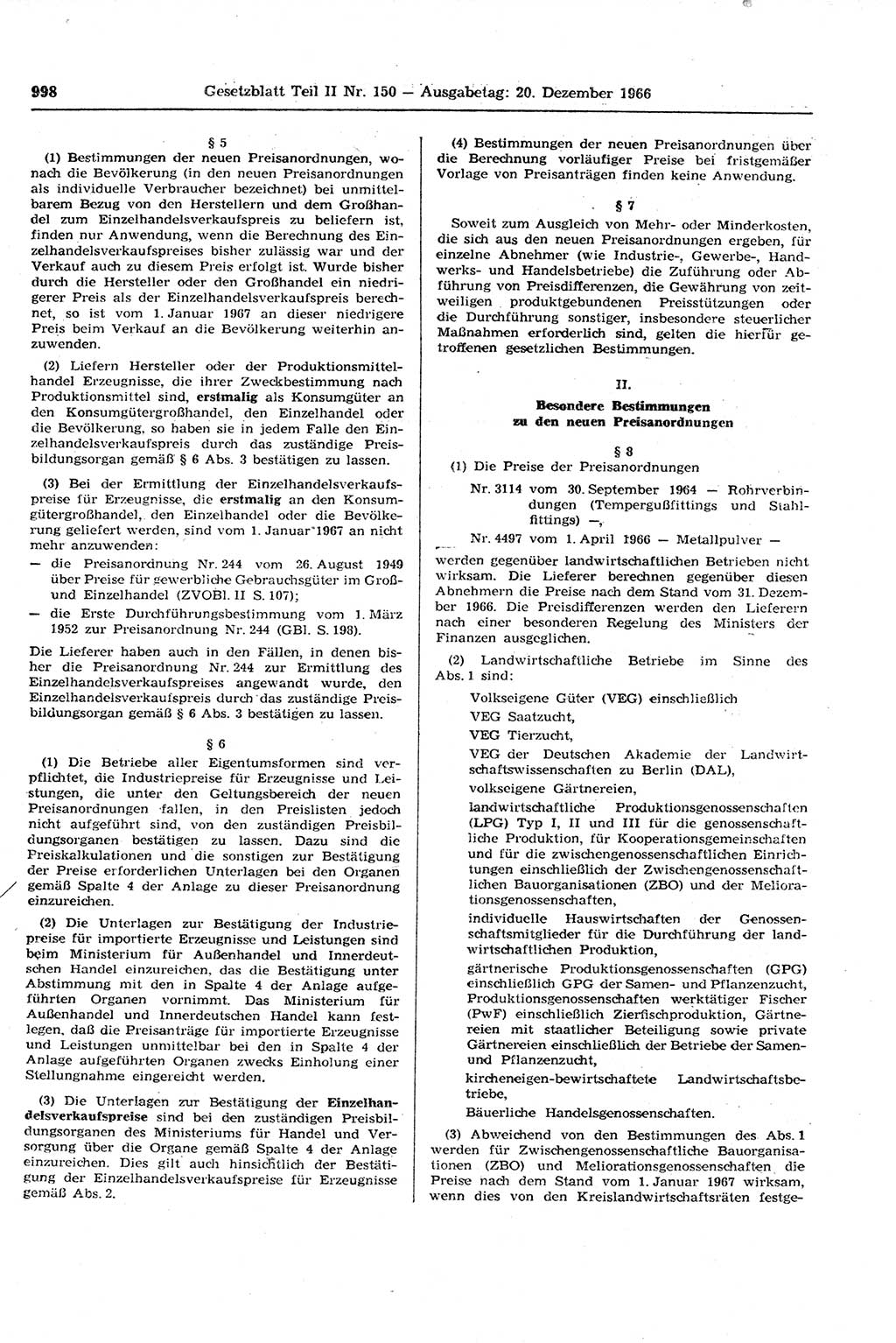 Gesetzblatt (GBl.) der Deutschen Demokratischen Republik (DDR) Teil ⅠⅠ 1966, Seite 998 (GBl. DDR ⅠⅠ 1966, S. 998)