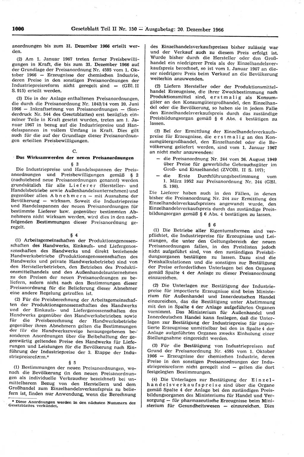 Gesetzblatt (GBl.) der Deutschen Demokratischen Republik (DDR) Teil ⅠⅠ 1966, Seite 1000 (GBl. DDR ⅠⅠ 1966, S. 1000)