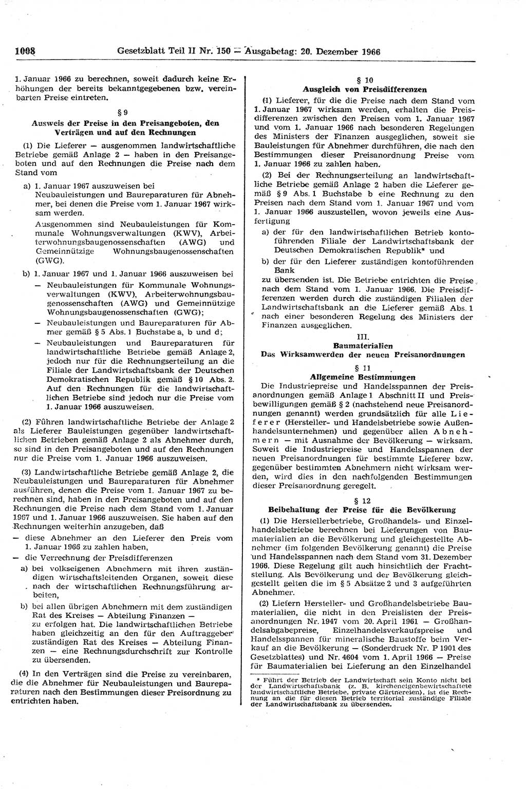 Gesetzblatt (GBl.) der Deutschen Demokratischen Republik (DDR) Teil ⅠⅠ 1966, Seite 1008 (GBl. DDR ⅠⅠ 1966, S. 1008)