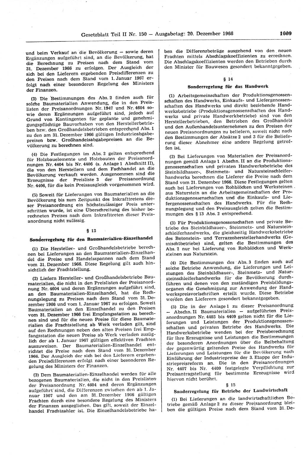 Gesetzblatt (GBl.) der Deutschen Demokratischen Republik (DDR) Teil ⅠⅠ 1966, Seite 1009 (GBl. DDR ⅠⅠ 1966, S. 1009)