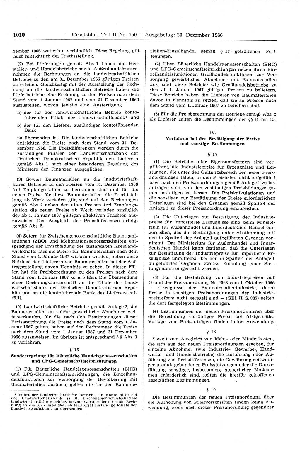 Gesetzblatt (GBl.) der Deutschen Demokratischen Republik (DDR) Teil ⅠⅠ 1966, Seite 1010 (GBl. DDR ⅠⅠ 1966, S. 1010)