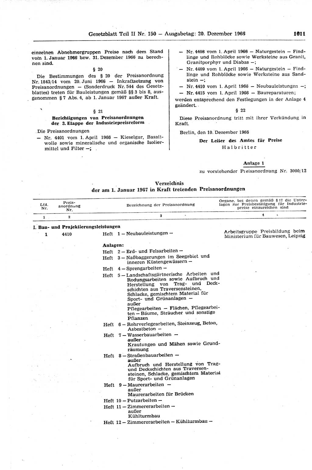 Gesetzblatt (GBl.) der Deutschen Demokratischen Republik (DDR) Teil ⅠⅠ 1966, Seite 1011 (GBl. DDR ⅠⅠ 1966, S. 1011)