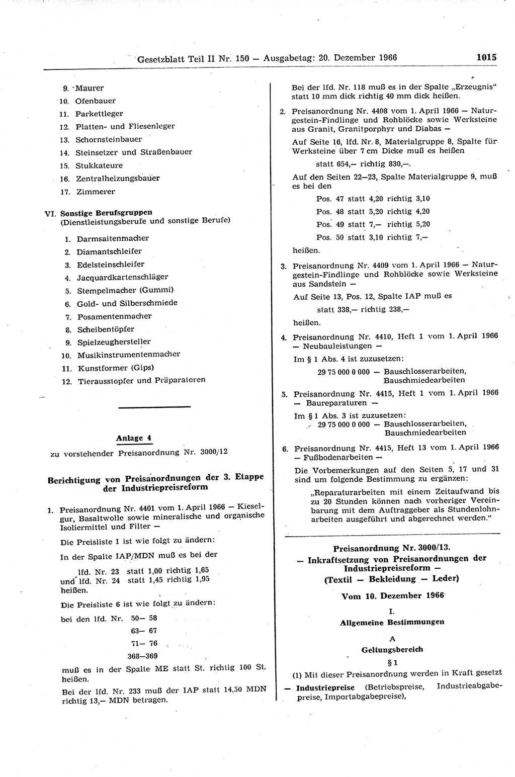 Gesetzblatt (GBl.) der Deutschen Demokratischen Republik (DDR) Teil ⅠⅠ 1966, Seite 1015 (GBl. DDR ⅠⅠ 1966, S. 1015)