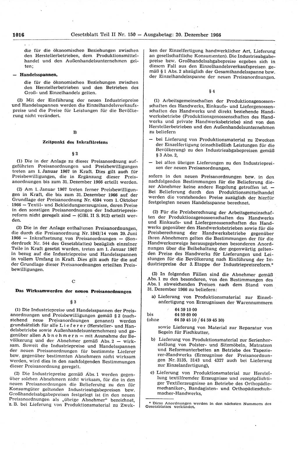 Gesetzblatt (GBl.) der Deutschen Demokratischen Republik (DDR) Teil ⅠⅠ 1966, Seite 1016 (GBl. DDR ⅠⅠ 1966, S. 1016)