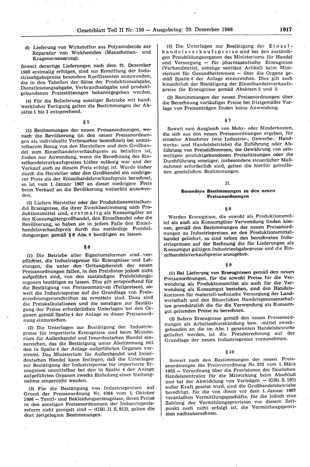 Gesetzblatt (GBl.) der Deutschen Demokratischen Republik (DDR) Teil ⅠⅠ 1966, Seite 1017 (GBl. DDR ⅠⅠ 1966, S. 1017)